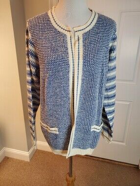 Susan Graver Blue and Cream Knit Open-Front Cardigan
